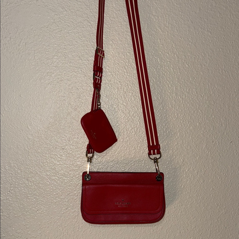 Kate Spade Cherry Red Crossbody Bag with Striped Strap